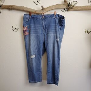 Avenue cropped distressed embroidered denim